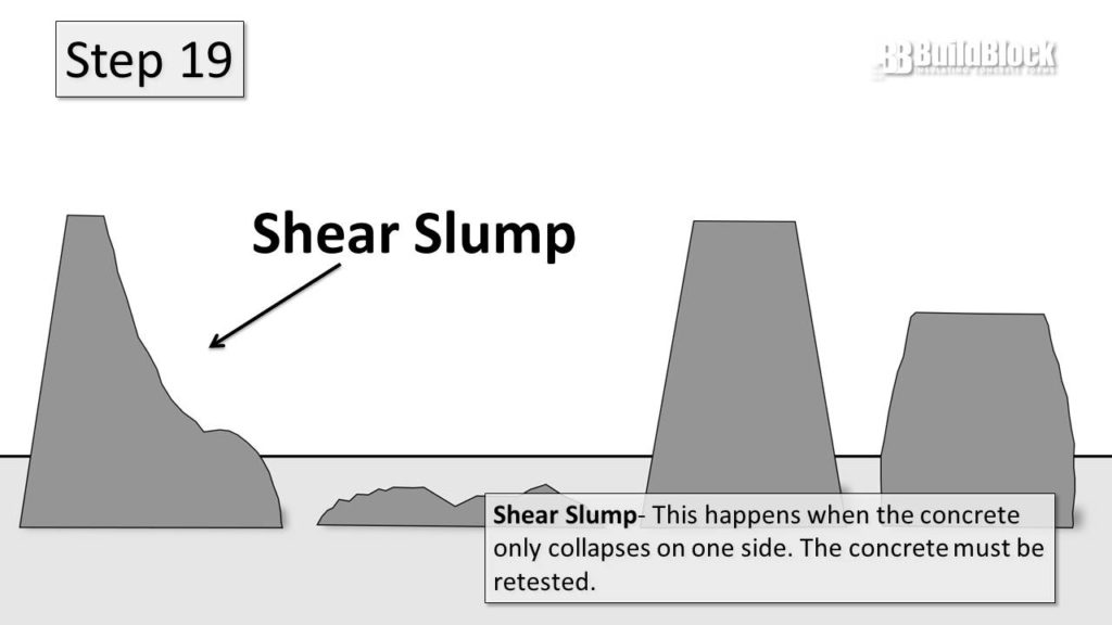 Step 19: Shear Slump - This happens when the concrete only collapses on one side. The concrete must be retested.