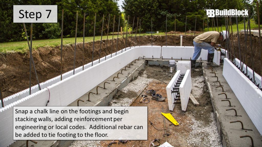 Step 7: Snap a chalk line on the footings and begin stacking the walls, adding reinforcement per engineering or local codes. Additional rebar can be added to tie footings to the floor.