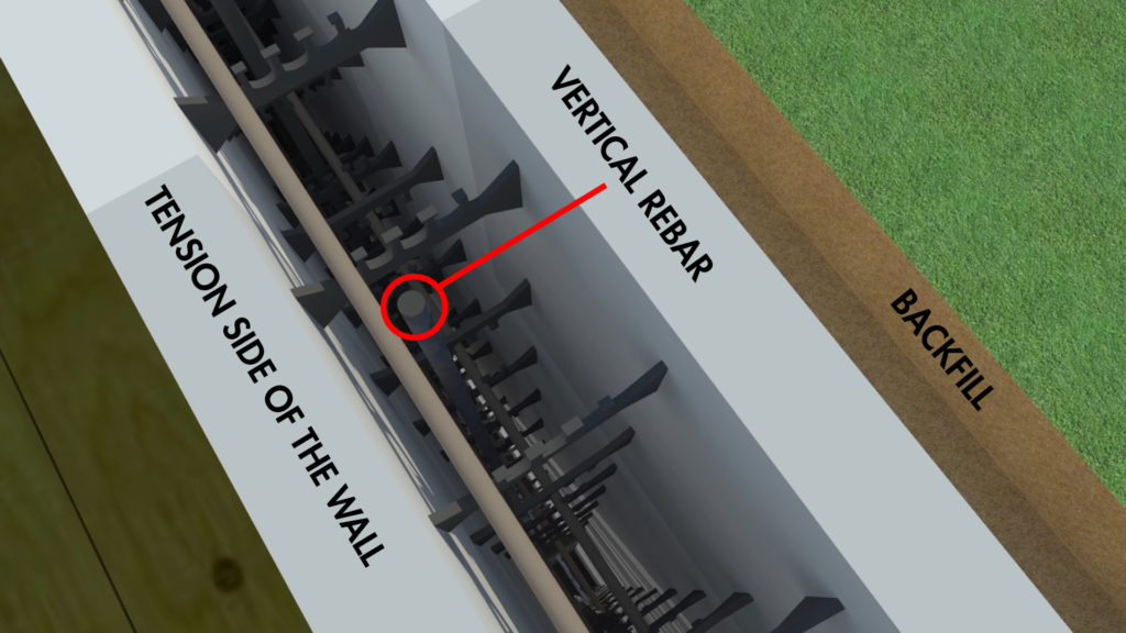 Vertical rebar should be placed in the vertical chase created by horizontal rebar on the tension side of the wall