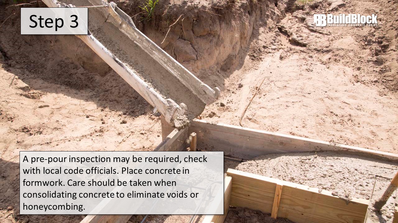 Step 3: A pre-pour inspection may be required, check with local code officials. Place concrete in formwork. Care should be taken when consolidating concrete to eliminate voids or honeycombing.