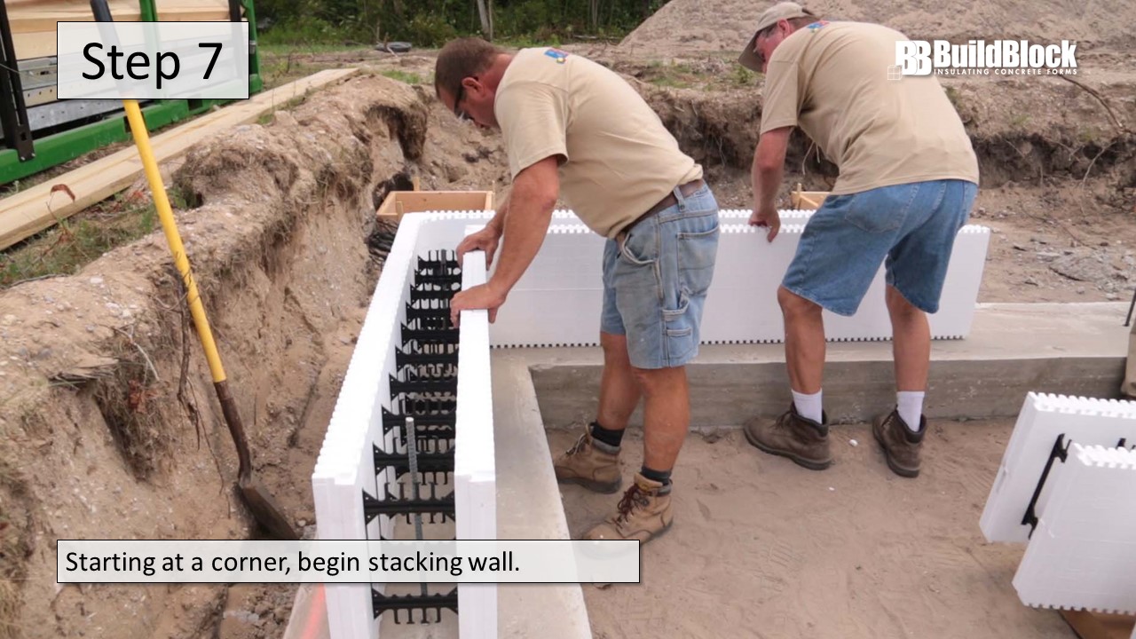 Step 7: Starting at a corner, begin stacking wall.